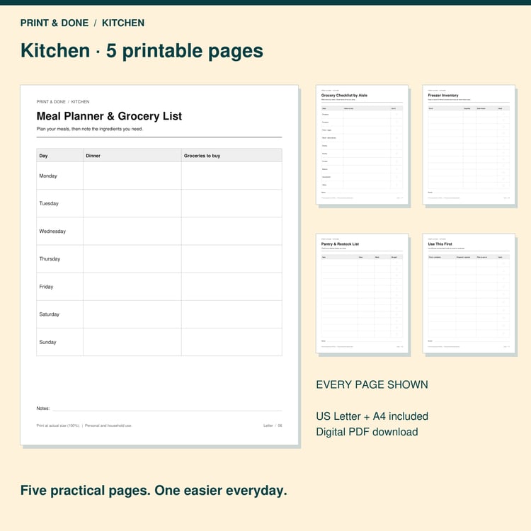 Kitchen 5-Printable Set preview showing the actual printable worksheet pages.