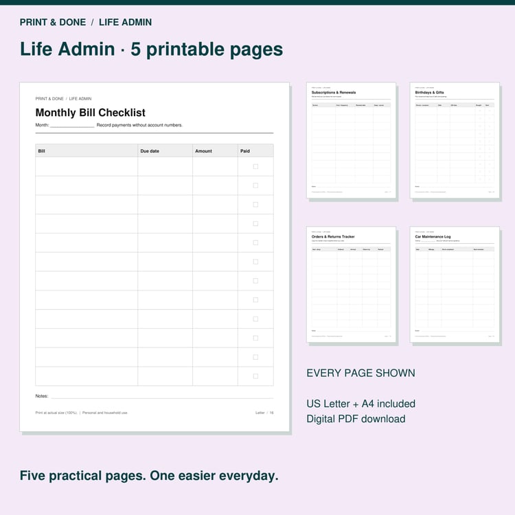 Life Admin 5-Printable Set preview showing the actual printable worksheet pages.