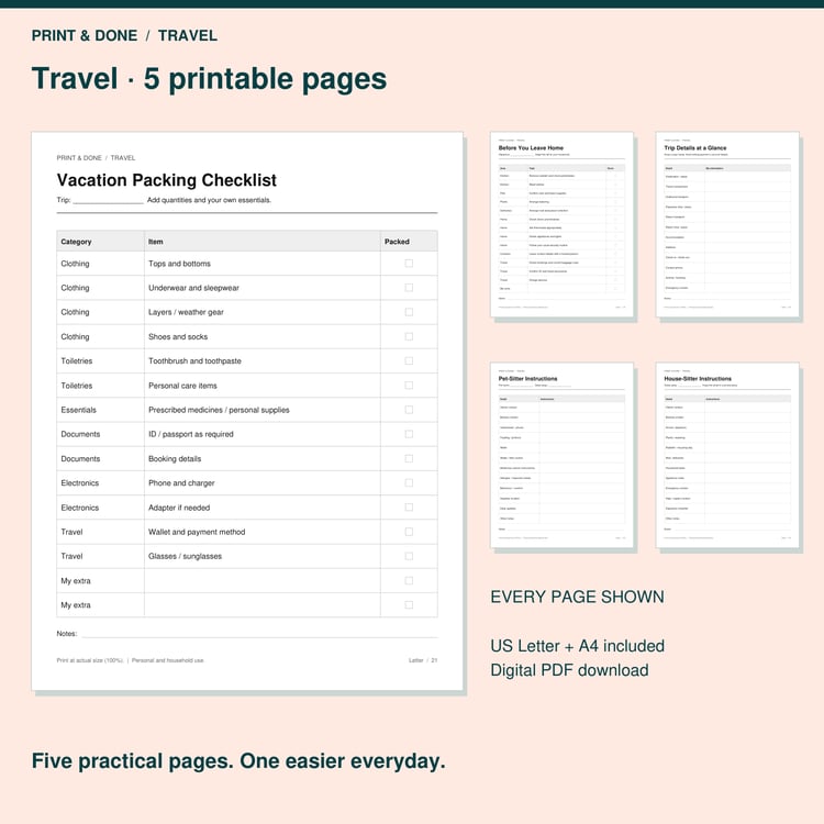 Travel 5-Printable Set preview showing the actual printable worksheet pages.