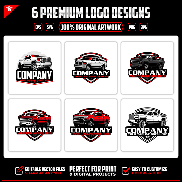 Download 6 hand-crafted pickup truck vector logos. Editable SVG, EPS, PNG and JPG designs for truck dealerships, automotive businesses, branding and merchandise.