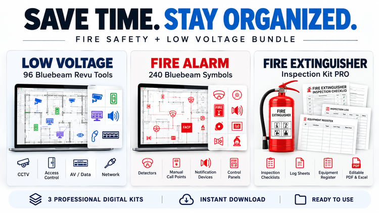 Fire Safety and Low Voltage PRO Bundle showing 96 Bluebeam Revu CCTV and access control tools, 240 fire alarm symbols, and fire extinguisher inspection templates.