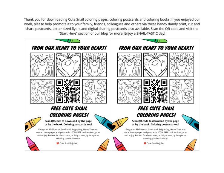 Cute Snail Coloring Pages Printable Postcards (Print Sheet)