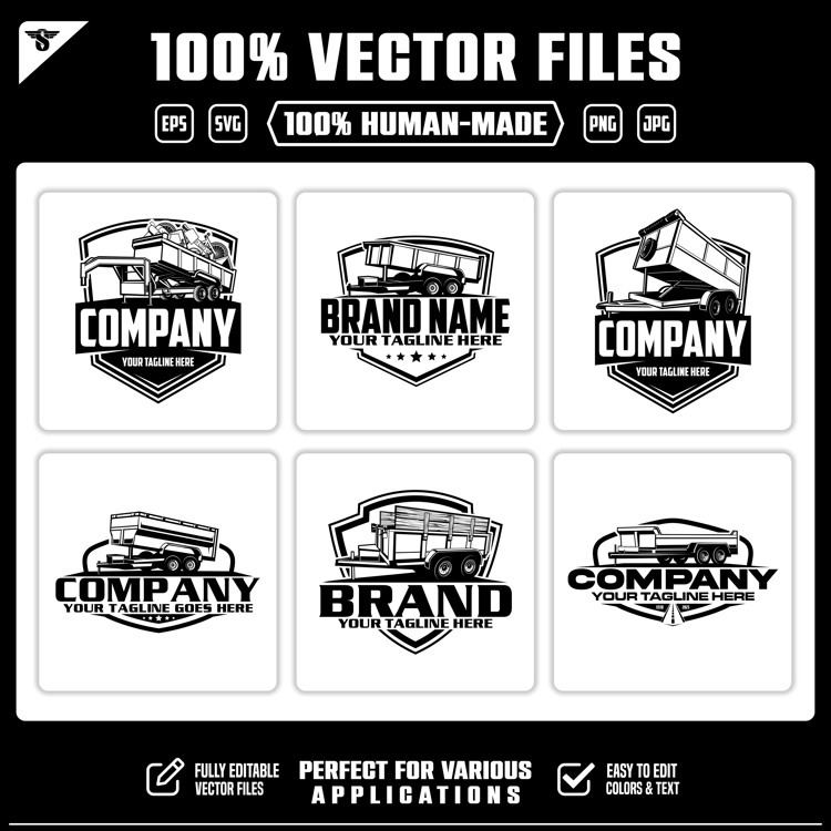 Download 6 hand-crafted dump trailer vector logos. Editable SVG, EPS, PNG and JPG designs for trailer dealerships, hauling services, rentals and business branding.