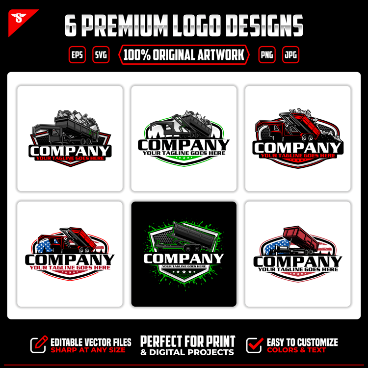 Download 6 hand-crafted dump trailer vector logos. Editable SVG, EPS, PNG and JPG designs for junk removal, hauling, trailer rentals and business branding.