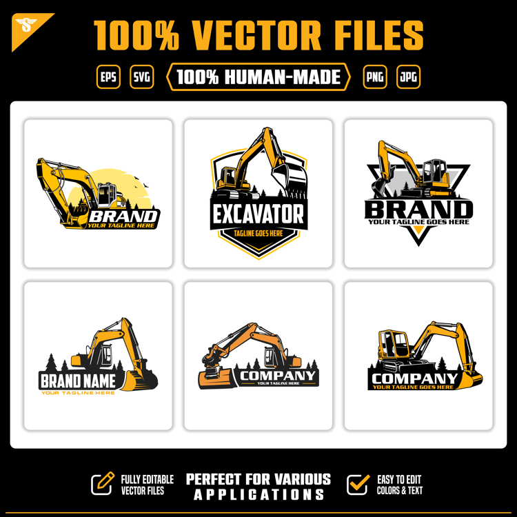 Download 6 hand-crafted excavator vector logos. Editable SVG, EPS, PNG and JPG designs for excavation, construction, earthmoving and heavy equipment businesses.