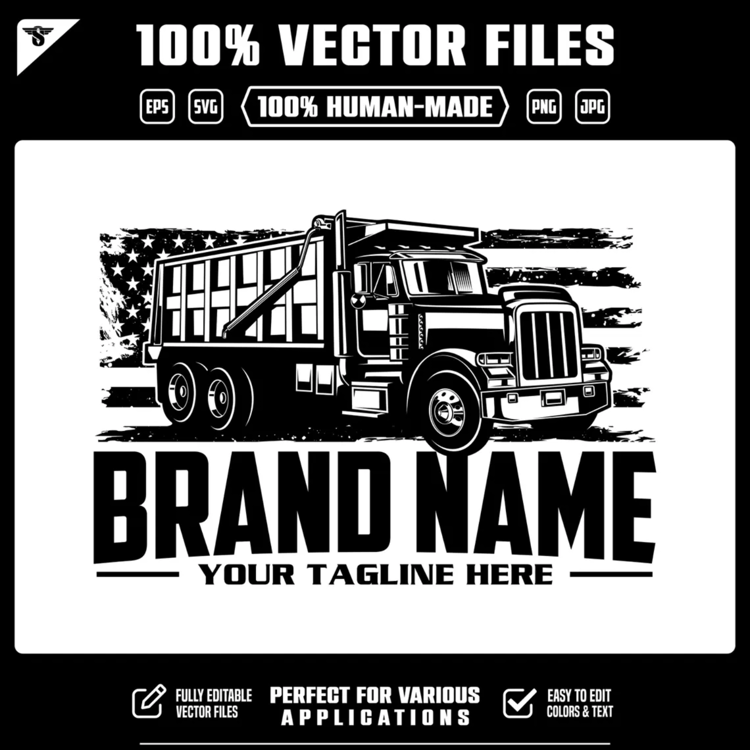 Download a hand-crafted dump truck vector logo with an American flag design. Editable SVG, EPS, PNG and JPG files for hauling and construction businesses.