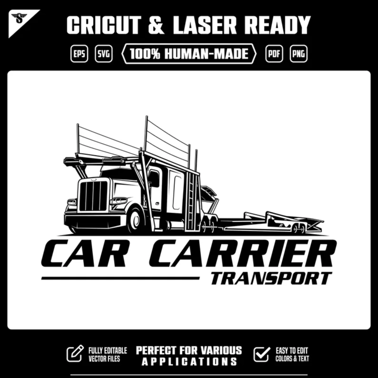 Download a hand-crafted car carrier truck logo in SVG, EPS, PDF and PNG formats. Editable vector design for auto transport, car hauling and vehicle shipping businesses.