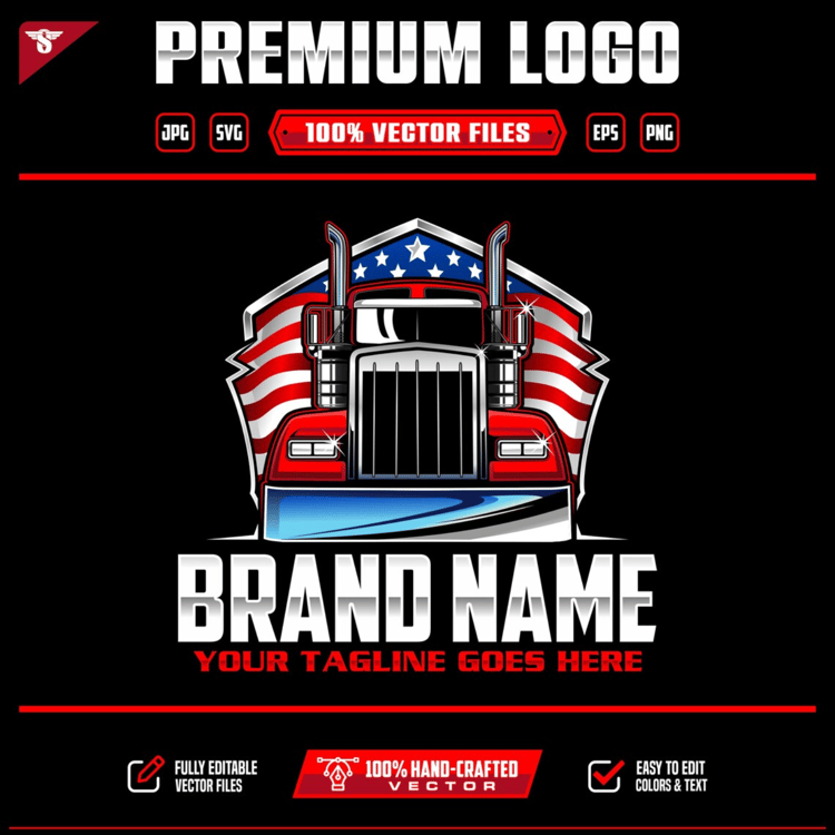Patriotic American semi truck logo featuring a front view of a red, white and blue heavy duty truck, American flag shield background and customizable company name.