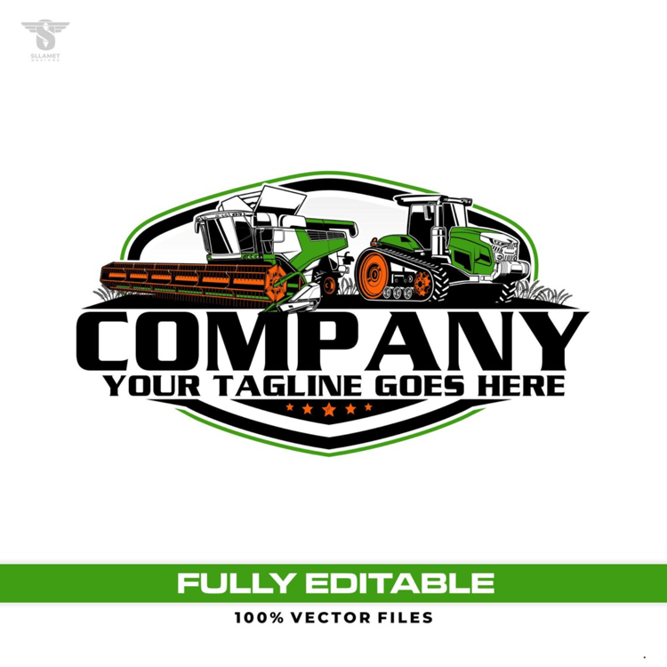 Agricultural machinery vector logo featuring a green combine harvester with orange cutting header and a green tracked tractor inside a black and green shield badge with customizable company name and tagline.