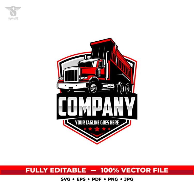 Red heavy-duty dump truck vector logo featuring a raised hydraulic dump bed, chrome grille, black and silver shield badge, bold company lettering, red stars and customizable tagline.