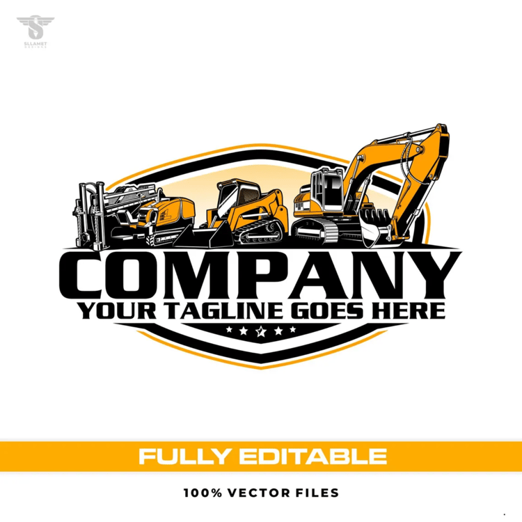 Heavy equipment construction vector logo featuring a yellow hydraulic excavator, compact track loader and tracked drilling machine above bold company lettering, black and orange shield badge, stars and customizable tagline.