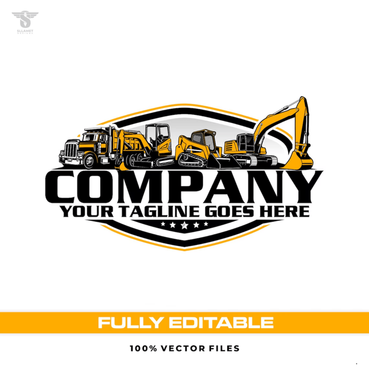 Heavy equipment construction vector logo featuring a yellow dump truck, mini excavator, skid steer track loader and hydraulic excavator above bold company lettering, black and yellow shield badge, stars and customizable tagline.