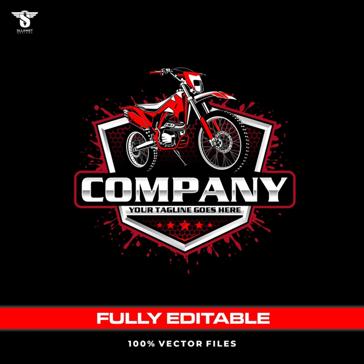 Red and white dirt bike motocross vector logo featuring an off-road motorcycle with knobby tires, red paint splashes, black and silver shield badge, company lettering and customizable tagline.
