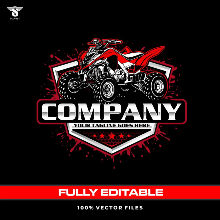 Red and black ATV quad bike vector logo featuring a sporty four wheeler with rugged off-road tires, detailed suspension, red paint splashes, black and silver shield badge, bold company lettering and customizable tagline.