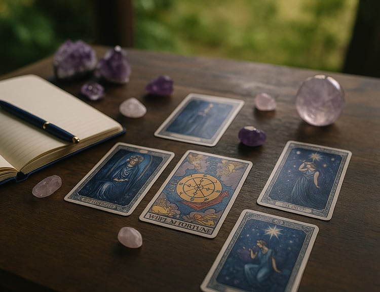 AI generated image of a Tarot spread showing the Wheel of Fortune in the center. To the left of the spread is a blank notebook with a pen atop it. Amethyst crystals in geode, tumbled, and sphere forms decorate the rest of the table.