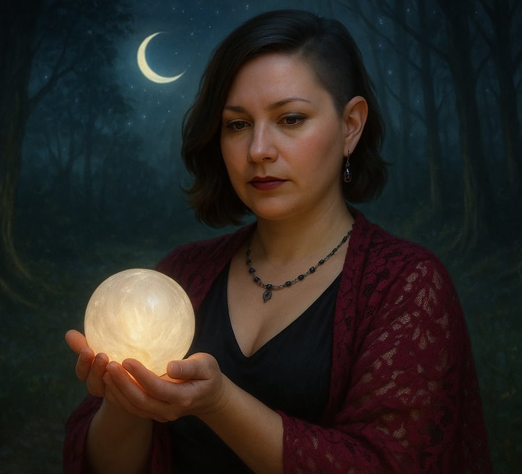 AI artwork image depicting the likeness of Evylyn Rose gently holding up a glowing crystal ball as she compassionately gazes into it