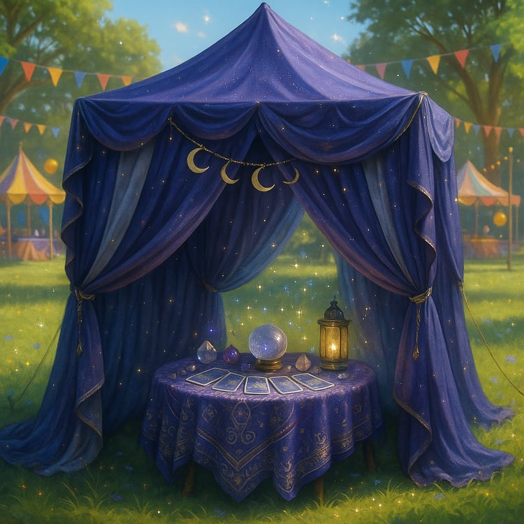 AI-generated image of a Tarot reader's elaborate tent at a day-time event with other colorful tents and summertime trees in the background
