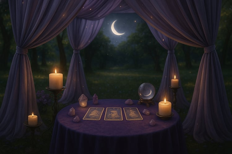 AI-generated image of a lovely Tarot readers tent and table surrounded by candles; scene is outdoors at night with a forest in the background and a single crescent moon in the night sky