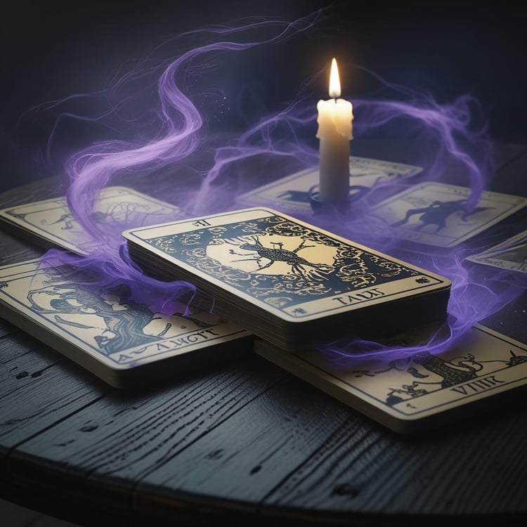 AI-generated image depicted a Tarot deck in stacks and a lit candle. The cards are clearly surrounded by haunted-looking purple smoke tendrils