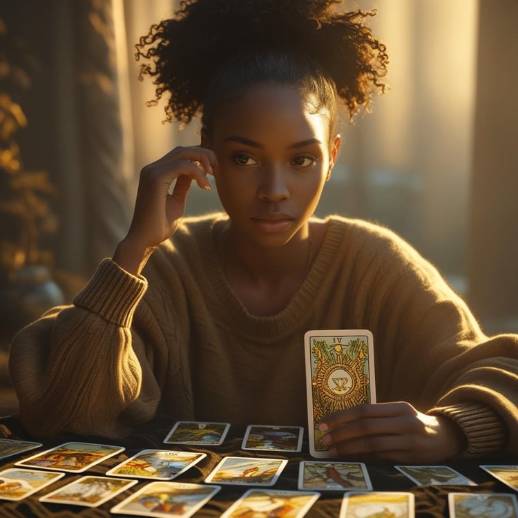 AI image of a young woman with Tarot cards laid out before her on a table. She is holding a card up, facing her, and looking toward her right, appearing to be contemplating the card.