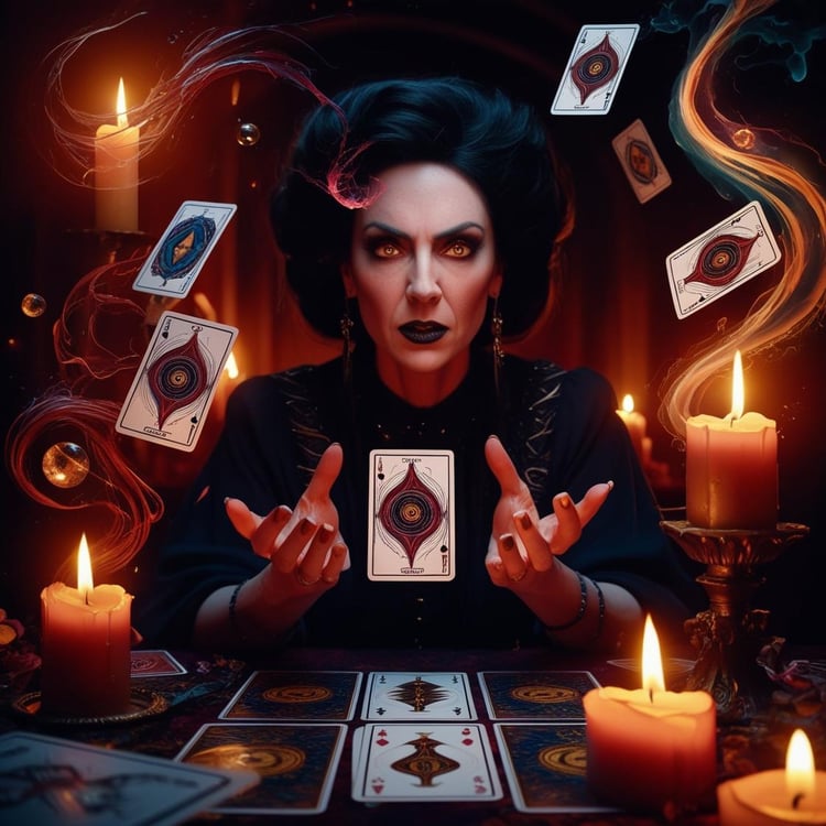 AI-generated image of a psychic Tarot reader in a dark, candlelit space with curtains behind her; Lit candles are located throughout the space, including the table the psychic sits at; Tarot cards are placed on the table with Tarot cards and tiny crystal orbs floating through the air; the psychic is wearing dark clothes and make-up with eyes that seem to glow, her face is stern she holds her hands with a floating Tarot card between them