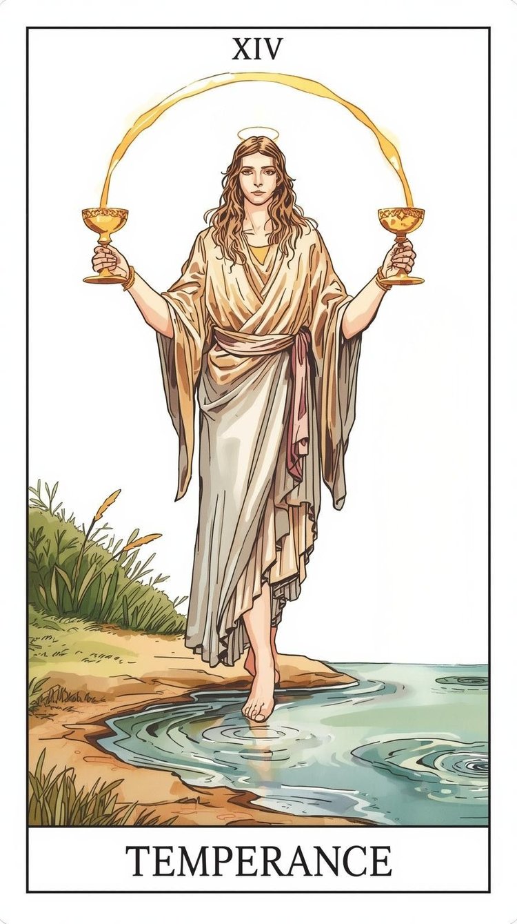 AI image of an angelic figure pouring liquid from one chalice to another; AI-generated XIV Temperance Tarot Card