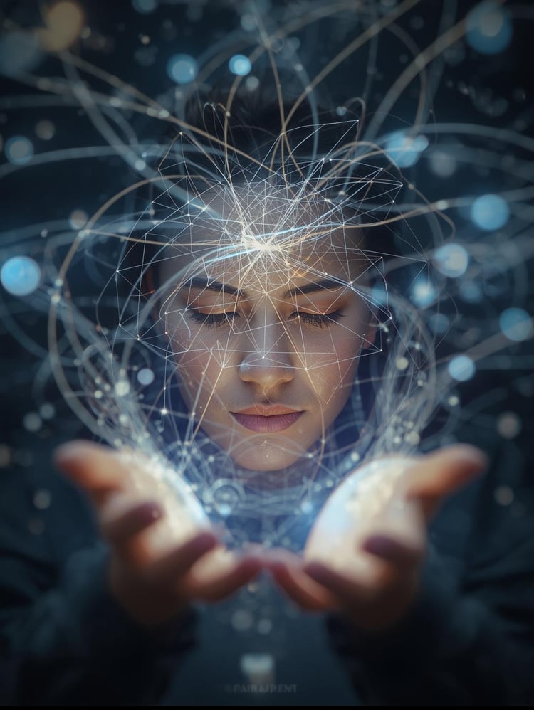 AI-generated image of a person with eyes closed and hands outstretched and open, lines show movement of energy from the mind to hands and back suggesting a state of connection with all things