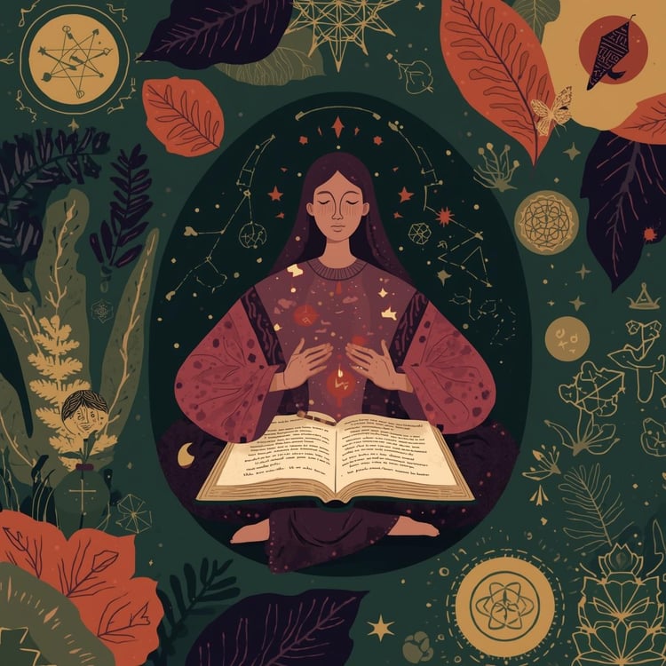 AI-generated image with awkward shapes intended to be a compilation of plants, geometric shapes, and other esoteric symbols. A woman appears as the central element within a bubble that contains odd stars and constellations around her head, her hands are at her heart-center and she appears to be focusing with her eyes closed while an open book is on her lap. Below the book appears to be her lap, but is clearly an AI malformation and disproportionate cross-legged sitting position.