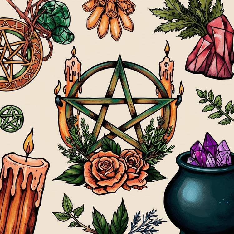 AI-generated image with a collage of esoteric objects and figures, with several misshapen geometric figures and nonsensical candles on a pentacles