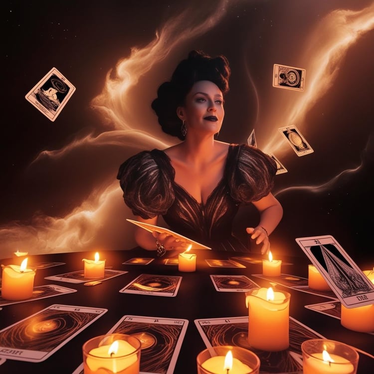 AI-generated image of a woman, who looks like she may be a beautiful though perhaps evil queen-sorceress of a fairy tale, emanating some strange lights that are almost lightning-like while also more wavy; there are cards on the table before her as well as floating all around and a ridiculous amount of yellow jarred candles are lit on the table; none of the cards maintain logical proportions despite looking like the same deck and the woman's arms also appear disproportionate, her hand holding an oversized card appears misshapen