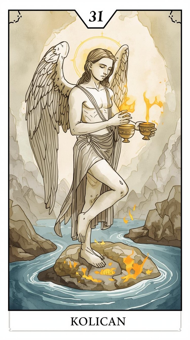 AI-generated attempt at a unique Temperance Tarot card that made up the number and name ("31" and "KOLICAN"); the angel is depicted with a serene expression, but instead of handling fluids, his chalices are filled with fire (one of which is floating in the air and he appears to be trying to grab the flames); a smattering of the flames can be seen on the rock he is standing on and he is standing on one foot, clearly trying to not get burnt