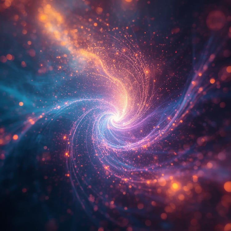 AI-generated image of swirly lights and lines vaguely reminiscent of galaxy formation seen from a distance, meant to depict the concept of metaphysical magic and energy and electrons