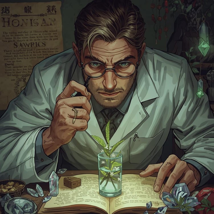 AI-generated depiction of a researcher in lab coat appearing to study an herb in a glass. He is peering through glasses while his space is surrounded by crystals and other objects of interest.