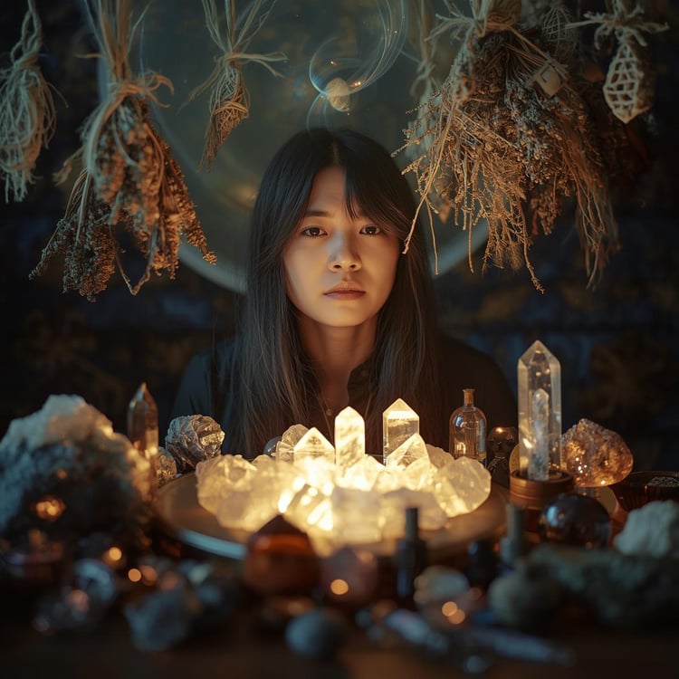 AI-generated image of a woman surrounded by a wide array of crystals, herbs, and glowing light. Her expression appears somewhat overwhelmed or confused. Above her head appears to be swirls of light meant to depict energy healing.