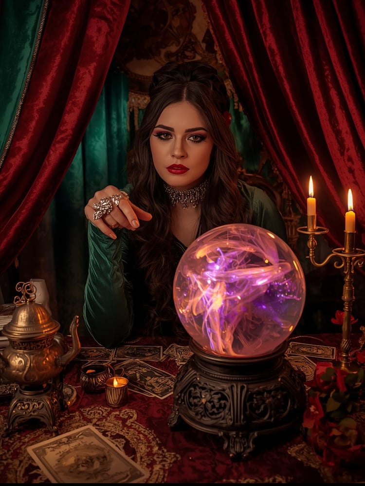 AI-generated image of a fortune-telling, tarot reading psychic with stereotypical aesthetic; whether she is authentic or theatrical or a charlatan is uncertain and left up to interpretation