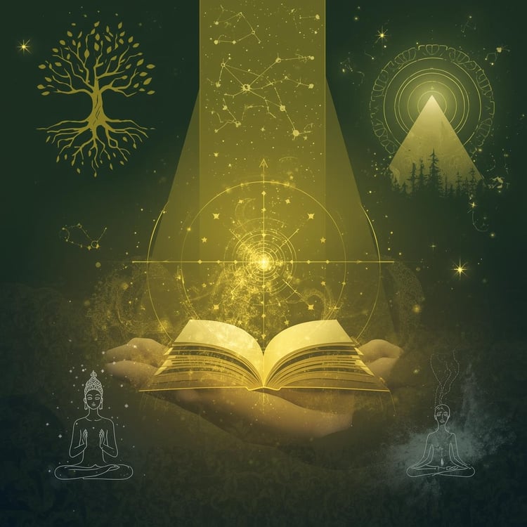 AI-generated image depicting a mystical looking book with glittery lights, various religious symbols are depicted on the corners of the image, including the World Tree, a pyramid, and two meditating figures (each of a different cultural representation)
