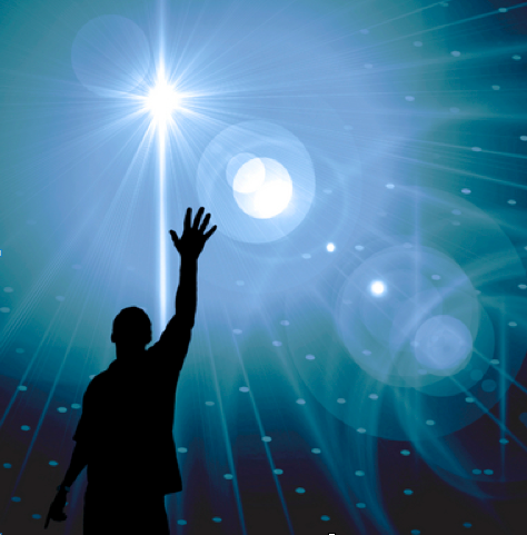 stock photo depicting the shadow of a human reaching their arm up toward a brilliantly radiating star; original artist unknown