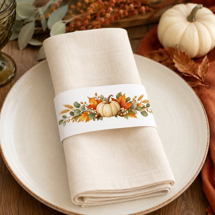 Printable Thanksgiving napkin rings featuring watercolor white pumpkins, orange autumn leaves, eucalyptus, wheat and acorns, with four bands on a US Letter page.
