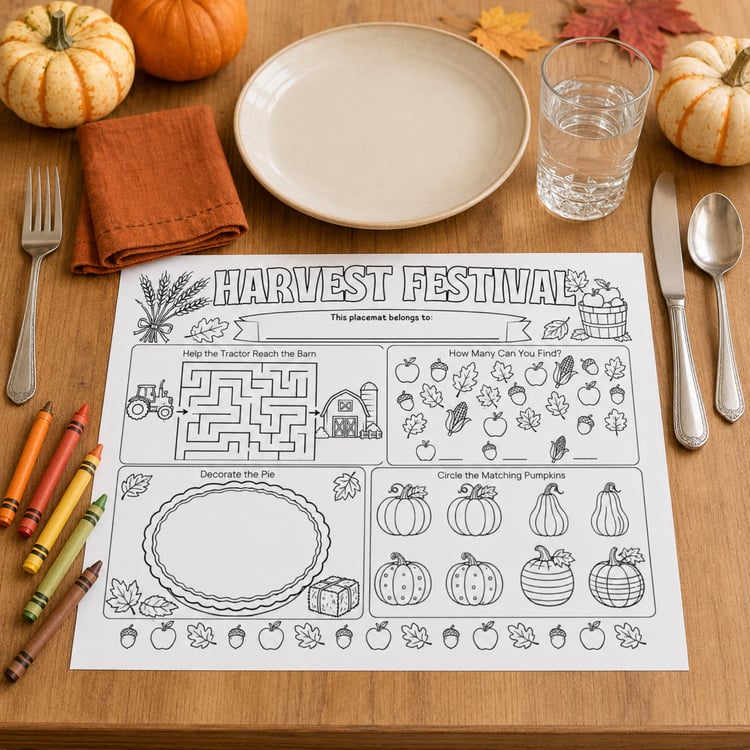 Three black-and-white printable fall activity placemats for children featuring pumpkins, apples, leaves, corn, scarecrows, tractors, mazes, coloring prompts, matching games and tic-tac-toe.
