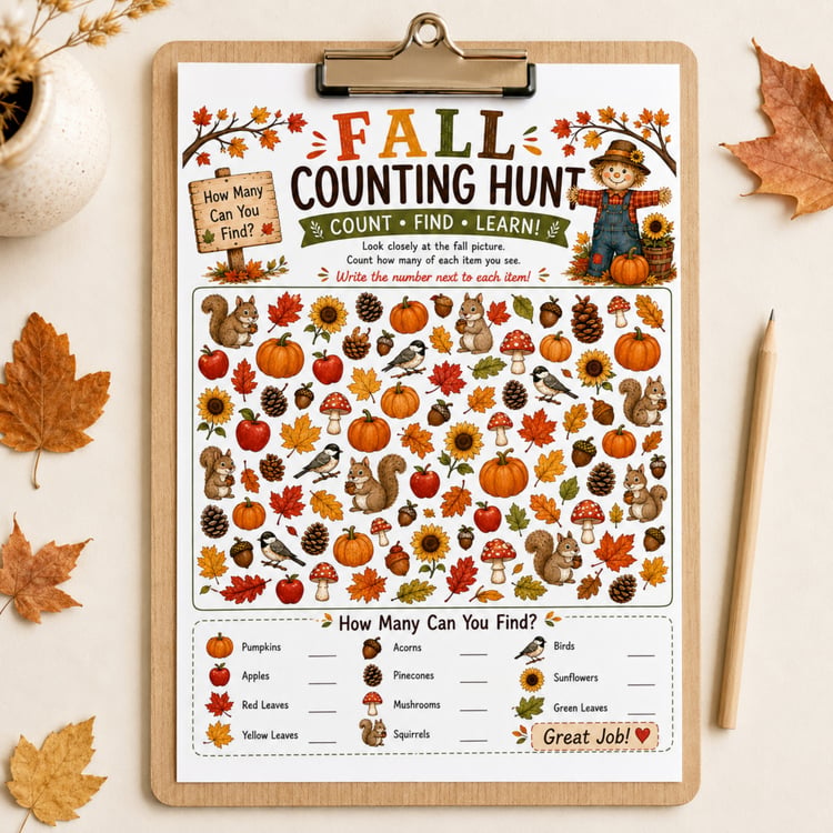 Colourful Fall Counting Hunt printable for preschool and kindergarten children featuring pumpkins, apples, leaves, squirrels, acorns, birds, mushrooms, pinecones and sunflowers to count.