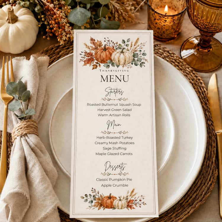 Two rustic 4 x 9-inch Thanksgiving menu cards arranged on a letter-size page, featuring watercolor orange and cream pumpkins, fall leaves, greenery and an editable dinner menu.