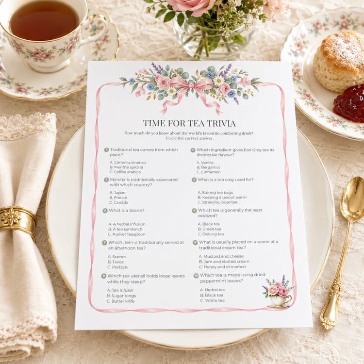 Printable Garden Tea Party Trivia Game with 10 multiple-choice tea questions, watercolor pink ribbon and English garden flowers, floral teacup and answer sheet.