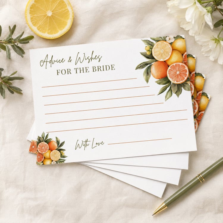 Printable citrus Advice and Wishes for the Bride cards featuring lemons, oranges, white blossoms and green leaves, with four 5 by 3.5-inch cards arranged on a landscape US Letter page.