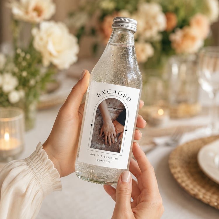 Editable 4 by 6-inch engagement bottle label template featuring a couple’s photo, names and date in a modern black-and-white arched design, with two labels arranged on a letter-size printable sheet.