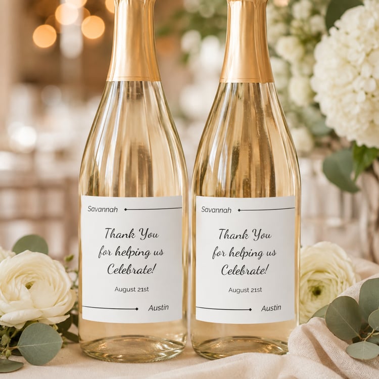 Modern black-and-white wedding drink bottle label template featuring editable couple names, a thank-you message and wedding date, shown as one 3.5 × 4-inch label and four labels arranged on a US Letter-size printable sheet.