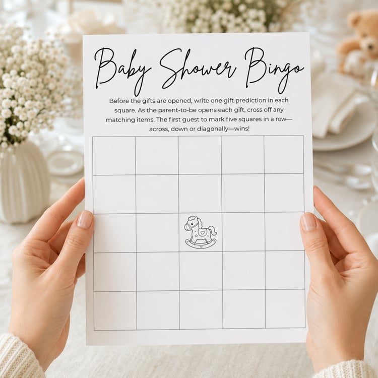 Two printable black-and-white Baby Shower Bingo cards featuring 5-by-5 blank grids, game instructions, and center free-space illustrations of a rocking horse and toy blocks.
