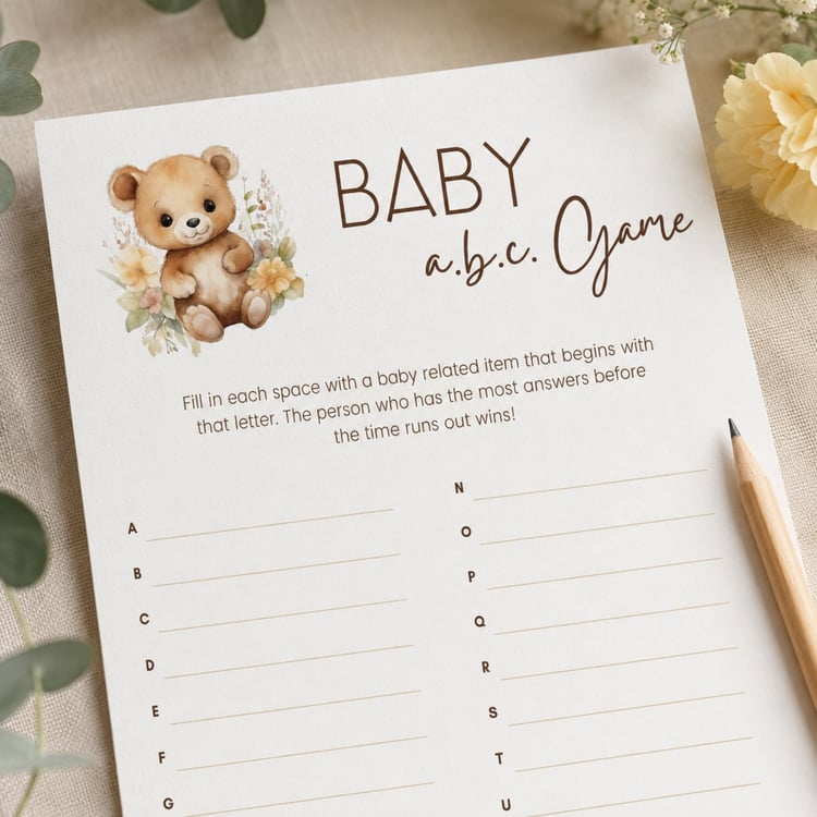 Printable Baby Shower ABC Game featuring a sweet watercolor teddy bear with neutral flowers, simple instructions and A-to-Z answer lines on a US Letter-size page.