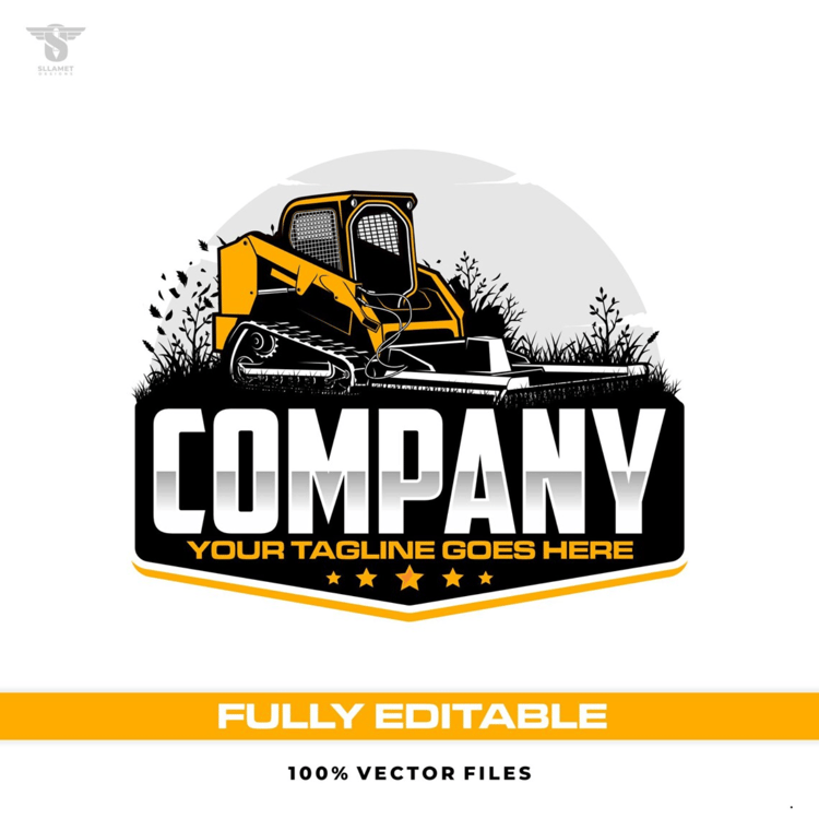 Yellow skid steer compact track loader vector logo featuring a front brush cutter attachment, black rubber tracks, grass and vegetation, gray circular background, bold company lettering, yellow stars and customizable tagline.