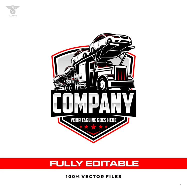 Car carrier truck vector logo featuring a heavy-duty semi truck transporting multiple passenger cars on a double-deck auto hauler trailer, red and black shield badge, silver company lettering, red stars and customizable tagline.