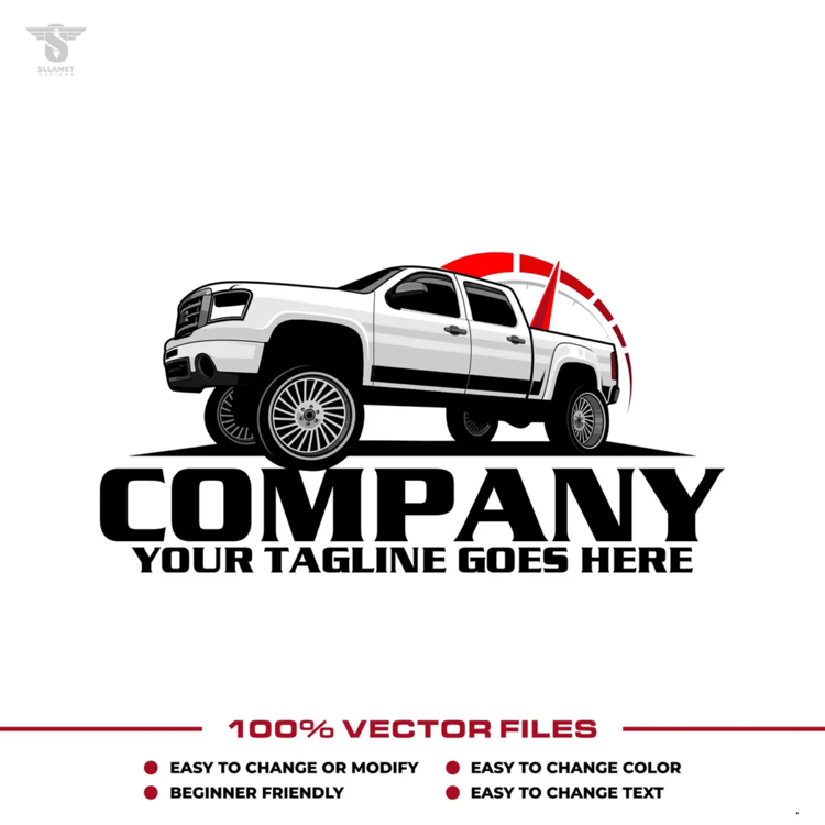 White custom pickup truck vector logo featuring a modern crew cab truck with large chrome-style wheels, red speedometer graphic, bold black company name and customizable tagline for automotive businesses.